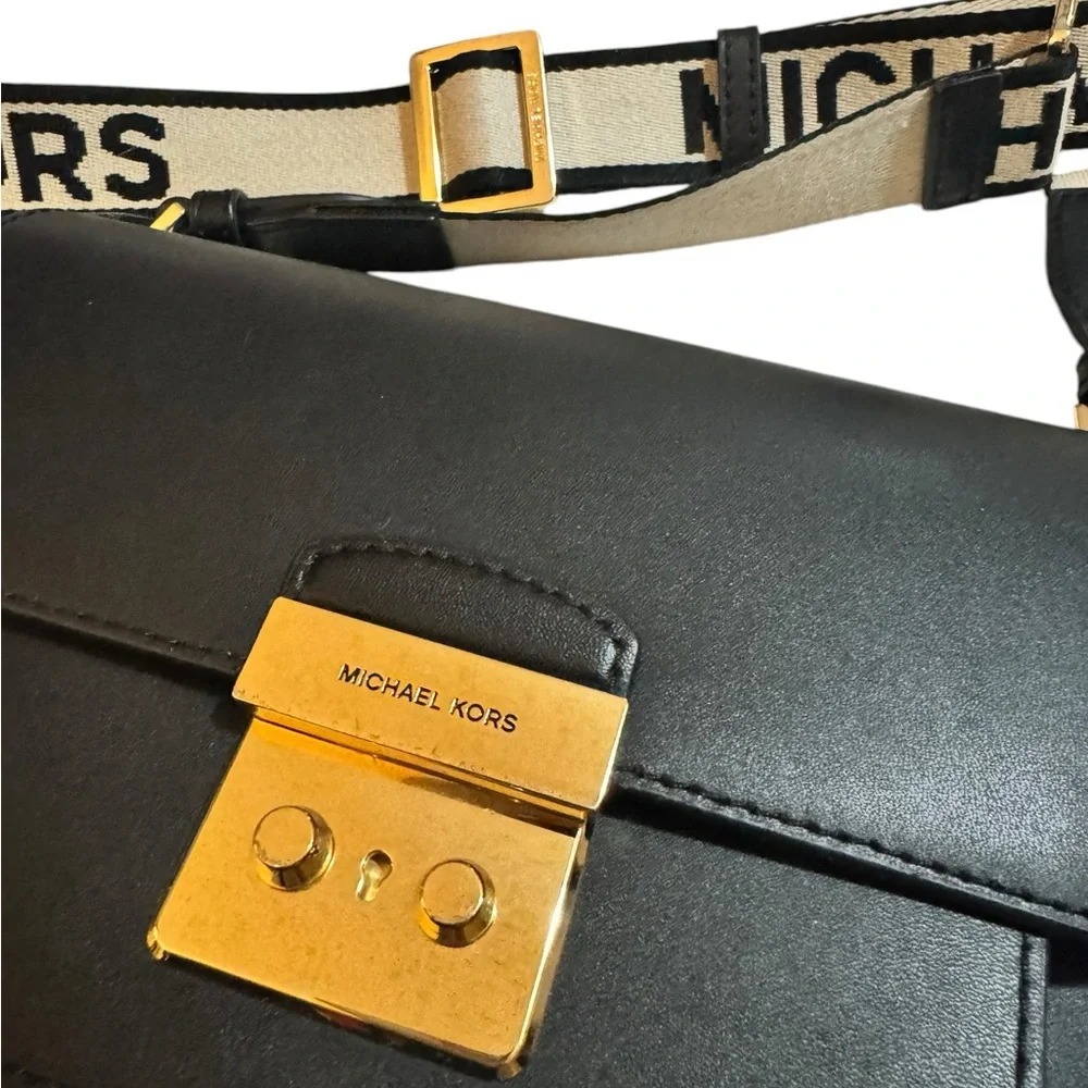 Michael Kors Black Leather Crossbody with Beige Logo Strap
